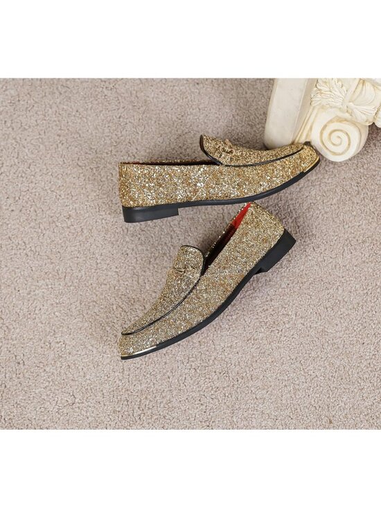 Men\'s Gold Rubber Velvet Leather Glitter With Gold Buckle Loafers Slip On Shoes main image 4